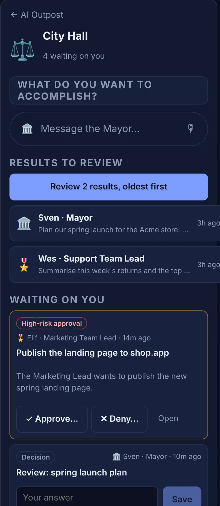 City Hall: two results to review, and a high-risk approval to publish a landing page, with Approve and Deny buttons.
