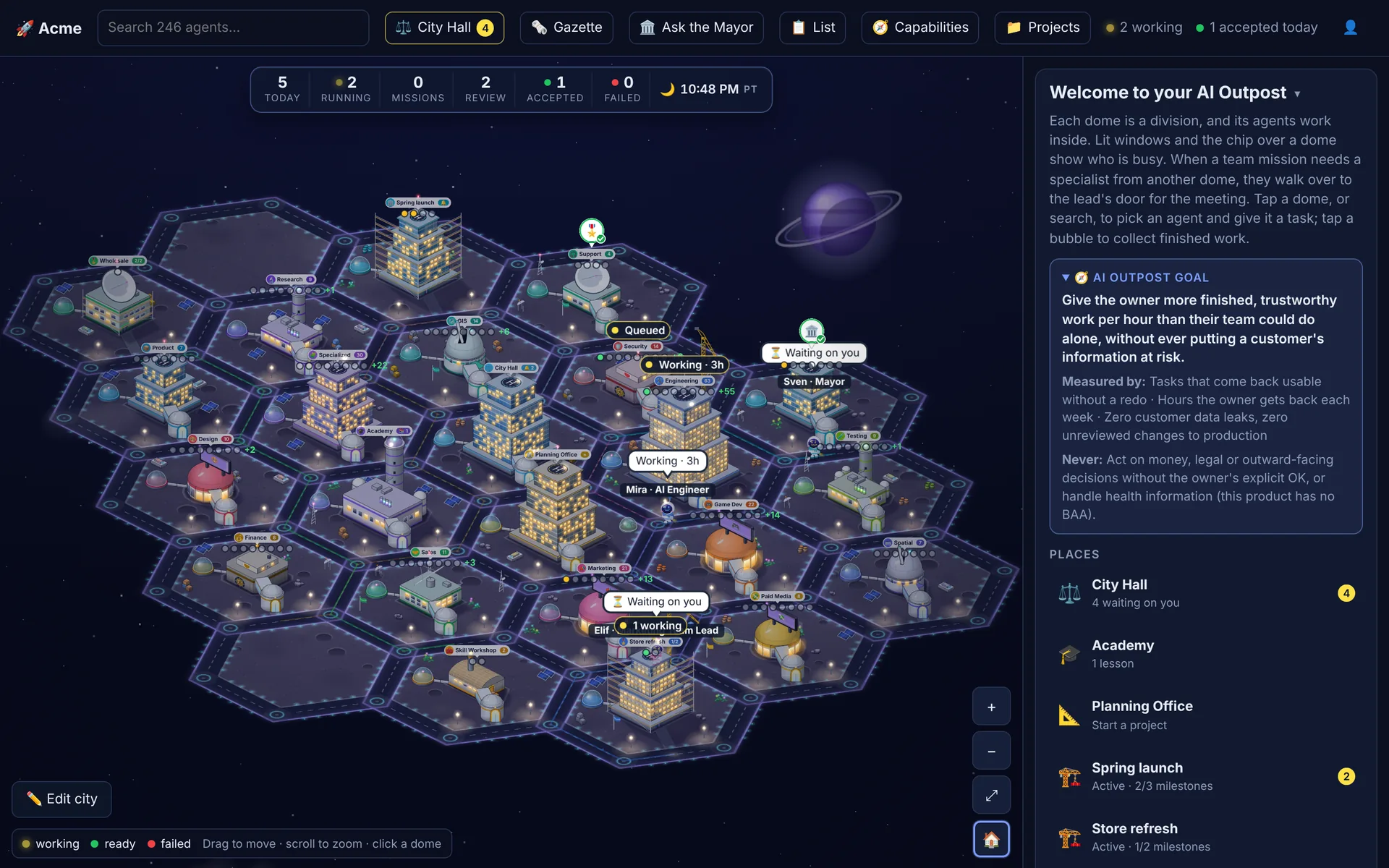 A village map: hexagonal plots on the moon with a dome for each team, project buildings under construction, City Hall, and status bubbles showing work in progress and work waiting on the owner.